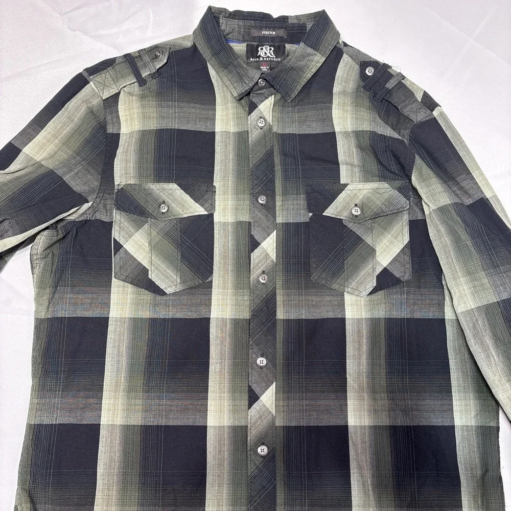 Rock &‎ Republic Shirt Mens Size XL Green Button Down Long Sleeve With Pockets